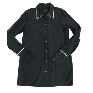 J Brand Silk Blend Button Down Shirt Black with Contrast Piping XS